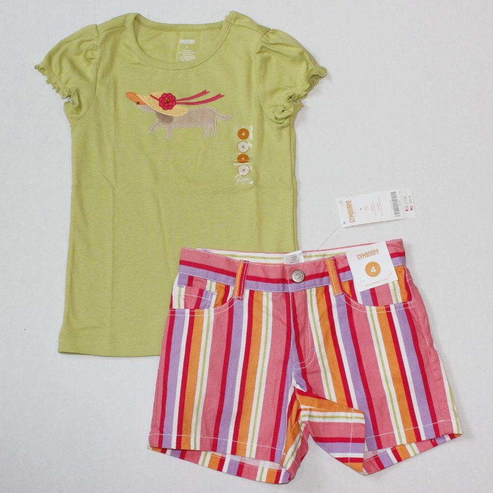 NWT Gymboree size 4 green dog top striped shorts outfit Pretty Posies